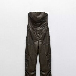Faux Leather Long Jumpsuit - Olive
